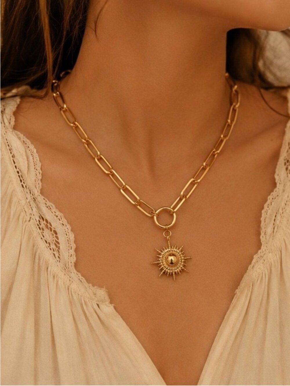 Vintage Sun Medallion Paperclip Chain Necklace